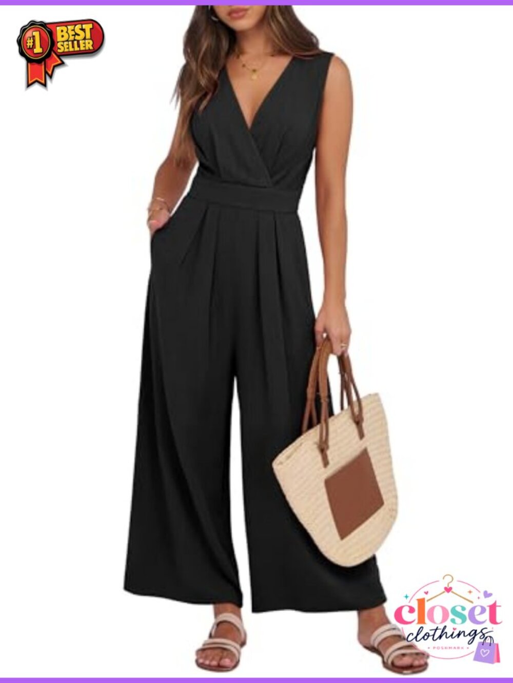 Linen Sleeveless V-Neck Wide Waist Jumpsuit for Summer Business Casual